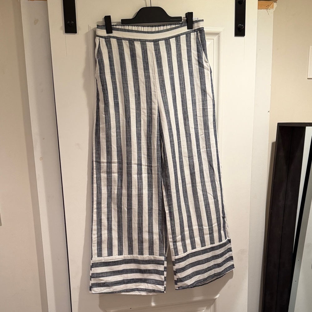 Striped Wide Leg Lined Linen Pants - White & Navy